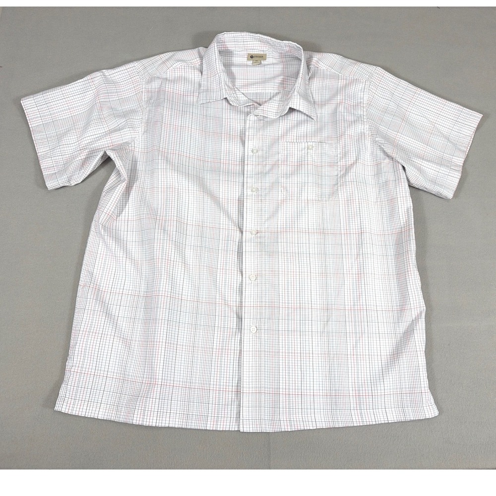 Haggar Mens XXL Short Sleeve Button Front Shirt Plaid Grid Check White Blue Red